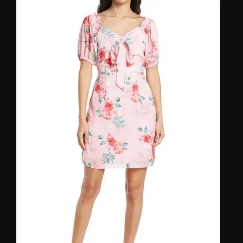 NSR Pink  Tie Neck Puff Sleeve Dress